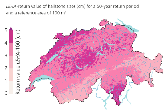 LEHA return value of hailstone sizes (cm) for a 50-year return period and a reference area of 100 m2.