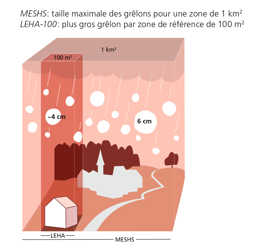 MESHS : taille maximale des grêlons pour une zone de 1 km2. LEHA-100 : plus gros grêlon par zone de référence de 100m2.