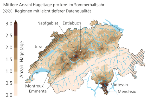 Mittlere Anzahl Hageltage pro km2 im Sommerhalbjahr. Regionen mit leicht tieferer Datenqualität entlang des Juras und im östlichen Graubünden. 