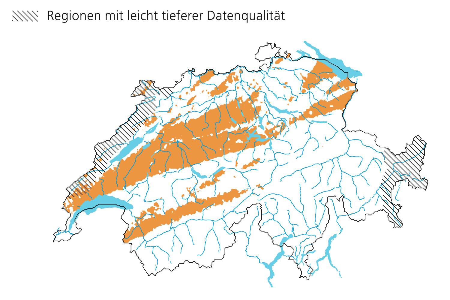 Hagelfläche am 23. Juli 2009. Regionen mit leicht tieferer Datenqualität entlang des Juras und im östlichen Graubünden.