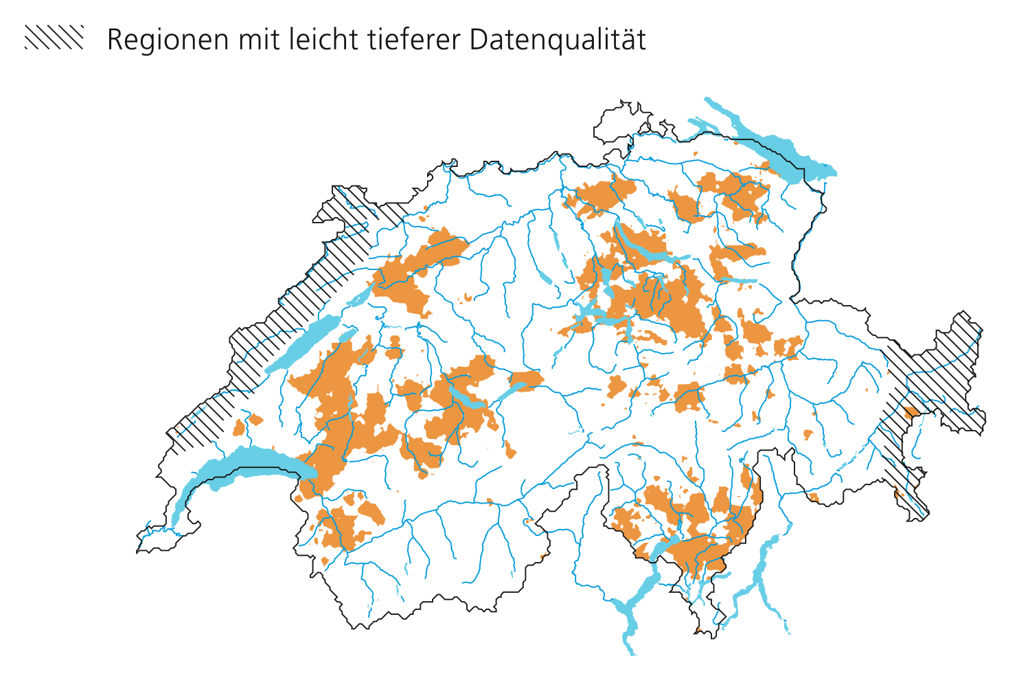 Hagelfläche am 1. Juli 2019. Regionen mit leicht tieferer Datenqualität entlang des Juras und im östlichen Graubünden. 