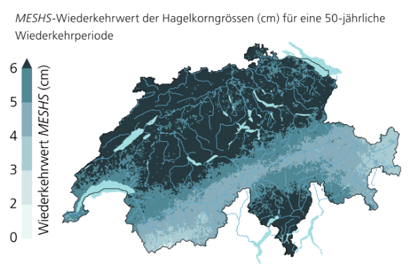 MESHS-Wiederkehrwert der Hagelkorngrössen (cm) für eine 50-jährliche Wiederkehrperiode.