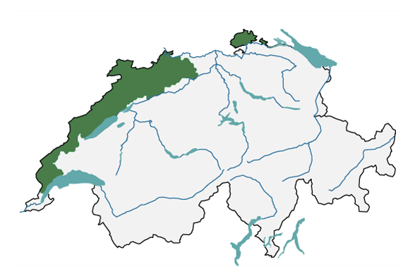 Gezeigt ist eine Karte der Schweiz mit den Umrissen der Grossregion Jura. Sie beinhaltet Teile der Kantone Waadt, Neuenburg, Bern, Jura, Basel-Landschaft, Basel-Stadt, Solothurn und Schaffhausen.