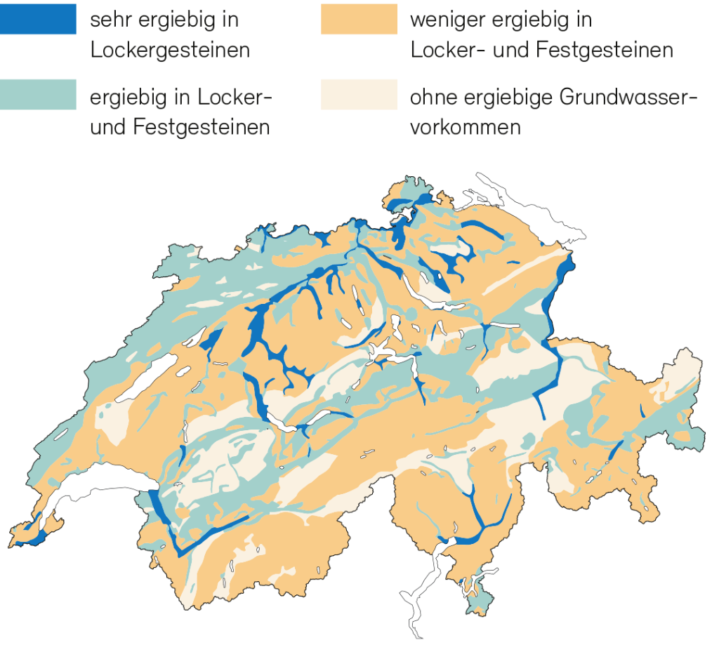 Übersichtskarte der Ergiebigkeit der Grundwasservorkommen in der Schweiz