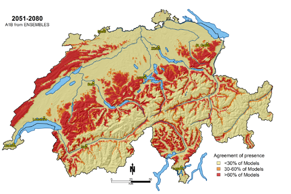 Verbreitungsgebiet der Buche in der Schweiz, erwartet bis 2080