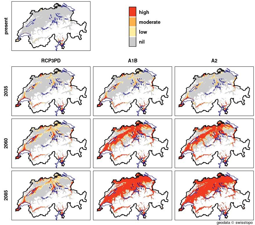 The graphics show maps of Switzerland that illustrate the probability of the occurrence of a third codling-moth grub generation. A total of ten maps are presented for different combinations of timescales (the present, 2035, 2060 and 2085) and emission scenarios (RCP3PD, A1B and A2). The current fruit-growing area is coloured grey. The likelihood of the occurrence of a third generation of grubs is shown by means of a three-level colour scale, ranging from light-yellow (low probability) to orange (moderate probability) to red (high probability). The map for the current climate shows a high probability of occurrence in the lower-lying valleys of Ticino, and a low probability in the canton of Geneva and along the Rhone. All three scenarios show a similar picture for 2035. In Ticino and in the canton of Geneva, along Lake Geneva, in the Rhone valley and in Basel, the probability of occurrence is high; but the Three Lakes Region, the Rhine Valley and Freiamt will also potentially be affected by a third generation of codling moth.  Assuming the RCP3PD emission scenario, the areas with a high likelihood of occurrence for the 2060 and 2085 timescales increase slightly in size. If emission scenarios A1B and A2 are assumed, however, the extent of the areas with a high probability of occurrence is considerably larger. Around 2060, the areas include large parts of the Swiss Central Plateau and Rhone and Rhine Valleys as well as the canton of Jura, and by 2085 they completely encompass the current fruit-growing area.
