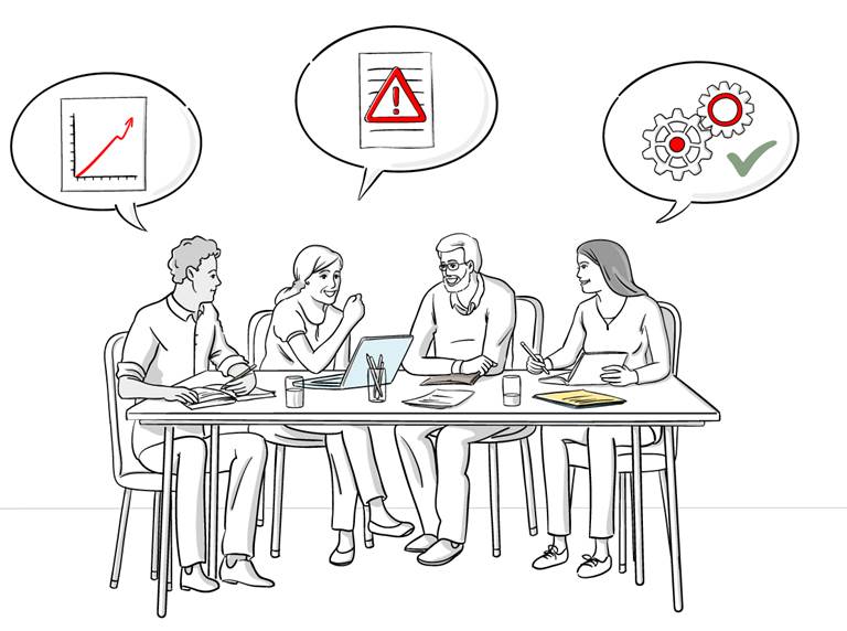 Illustration of two women and two men sitting at a desk. Three speech bubbles indicate that they are talking about climate services.