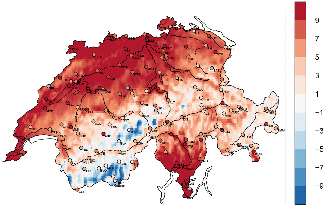 The map of Switzerland shows the annual deviation of global radiation from the long term mean for 2017, in Watts per square meter, derived from satellite measurements. In 2017, central Switzerland and Ticino enjoyed above-average solar radiation.