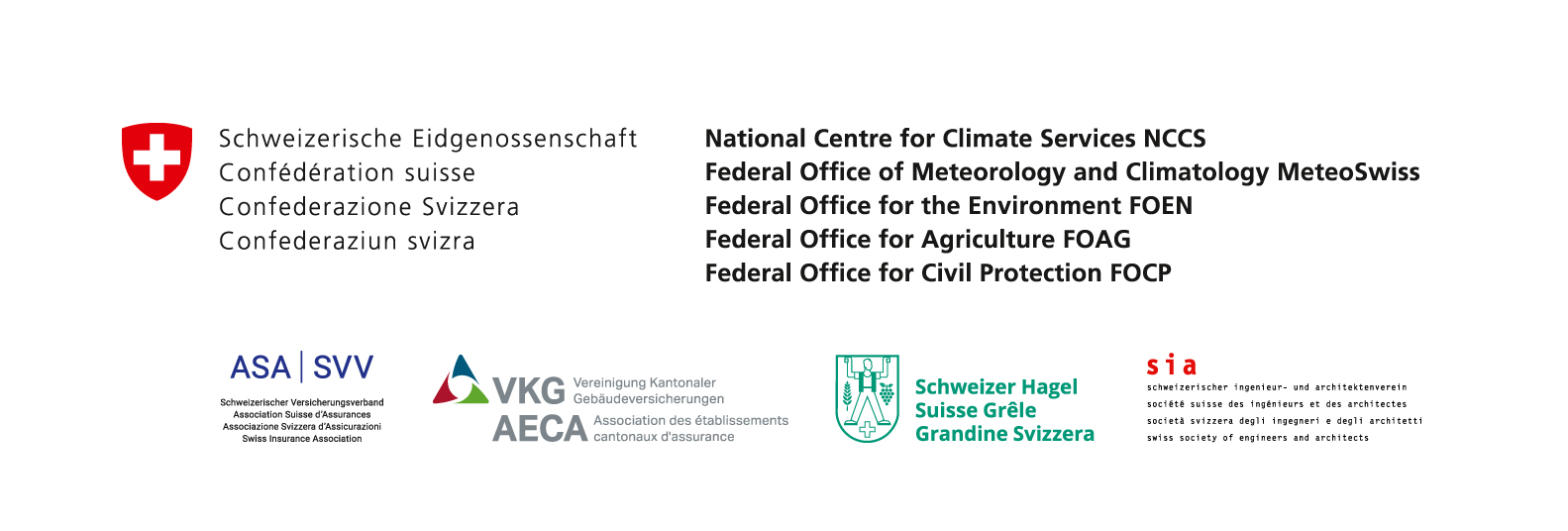 Logo of the project "Hail Climate Switzerland" with the project partners: Foundation for Prevention of the Public Insurance Companies for Real Estate FPPIRE, Swiss Insurance Association SVV, Swiss Hail Insurance Schweizer Hagel, Swiss Society of Engineers and Architects SIA, Federal Office of Meteorology and Climatology MeteoSwiss, The Federal Office for the Environment FOEN, Federal Office for Agriculture FOAG and Federal Office for Civil Protection FOCP.