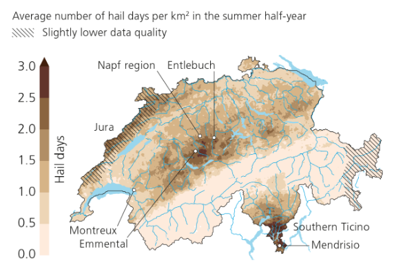 Average number of hail days per km2 in the summer half-year. Slightly lower data quality along the Jura and in eastern Grisons.