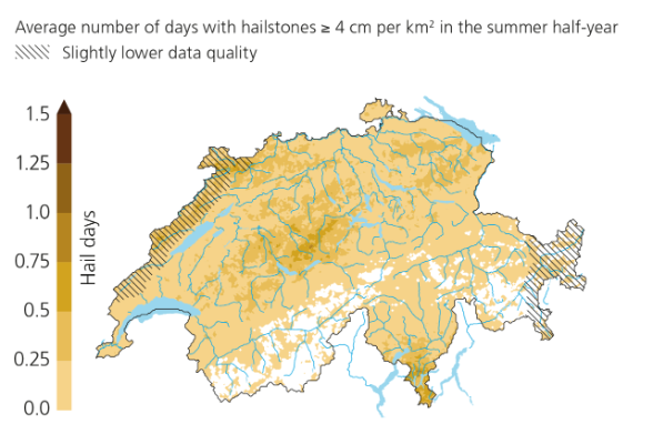 Average number of days with hailstones of 4 cm or larger per km2 in the summer half-year. Slightly lower data quality along the Jura and in eastern Grisons.