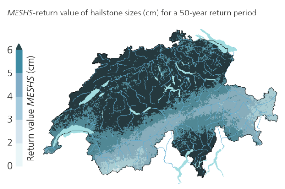 MESHS return value of hailstone sizes (cm) for a 50-year return period.