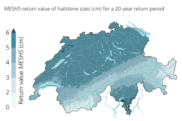 MESHS return value of hailstone sizes (cm) for a 20-year return period.
