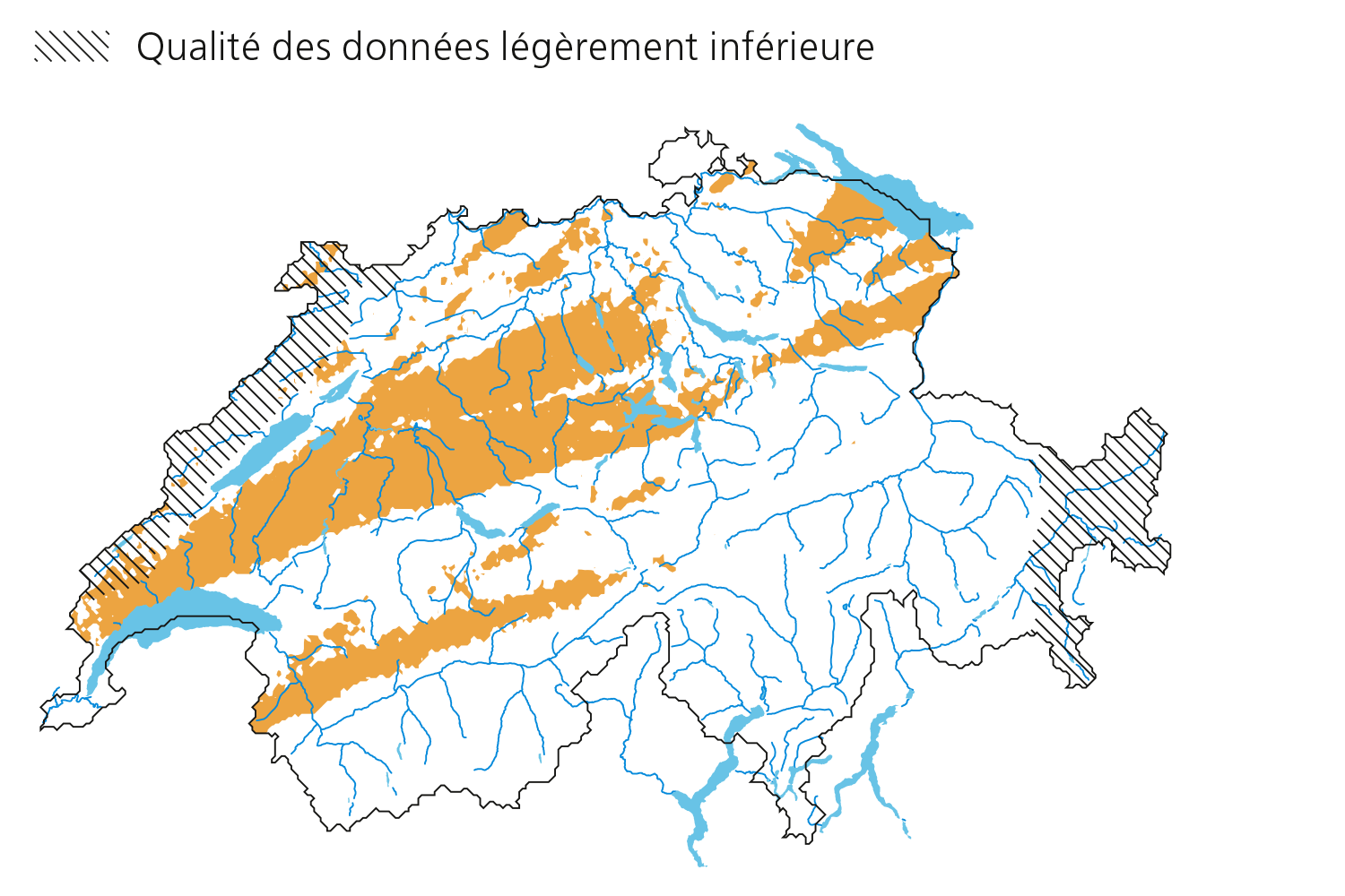 Zone de grêle le 23 juillet 2009. Qualité des données légèrement inférieure le long du Jura et dans l'est des Grisons.