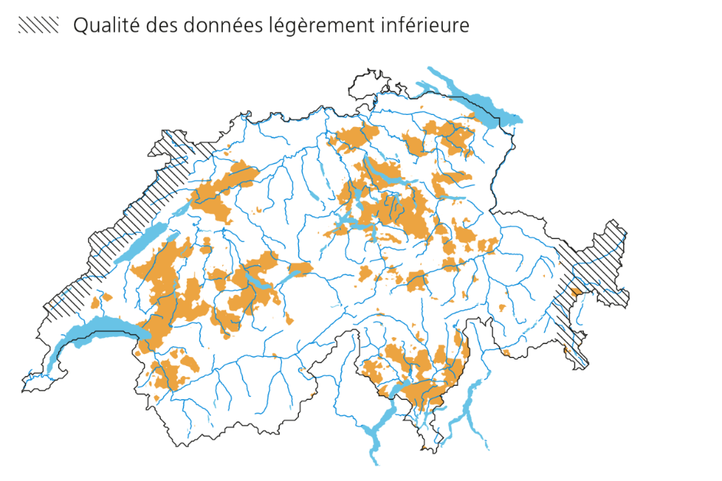 Zone de grêle le 1er juillet 2019. Qualité des données légèrement inférieure le long du Jura et dans l'est des Grisons.