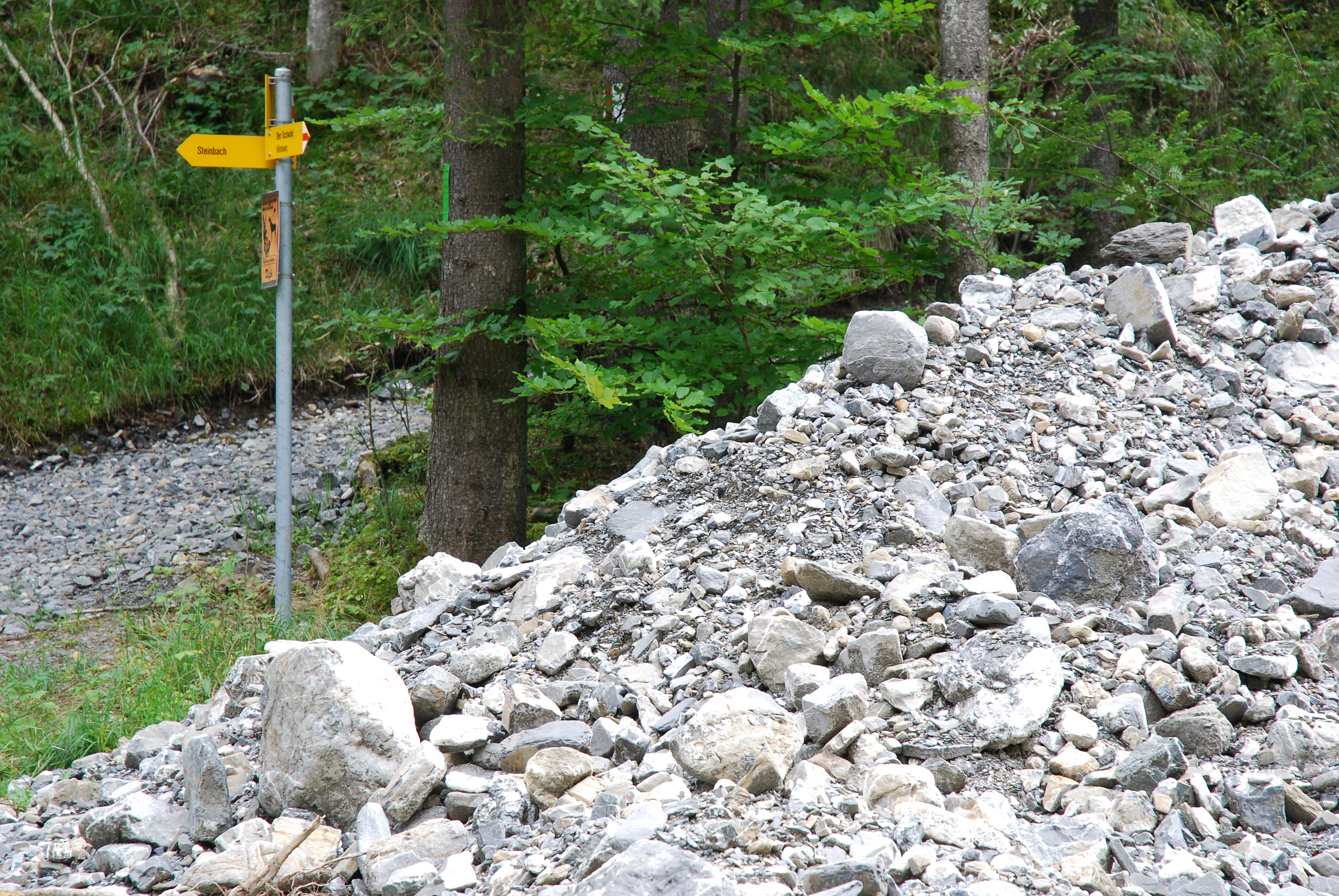 Panneau indicateur sur un sentier de randonnée enseveli par un glissement de terrain