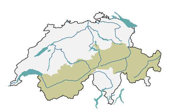 L’image est une carte de la Suisse sur laquelle est mise en évidence la grande région des Alpes, comprenant en partie les cantons de Vaud, du Valais, de Berne, d’Uri, de Schwytz, de Glaris et des Grisons.