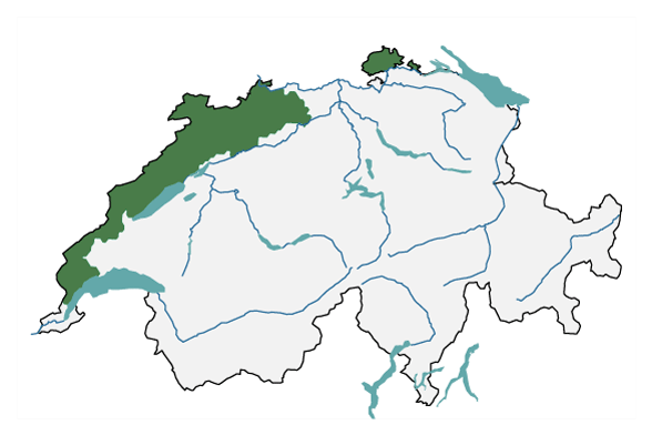 L’image est une carte de la Suisse sur laquelle est mise en évidence la grande région du Jura, comprenant en partie les cantons de Vaud, de Neuchâtel, de Berne, du Jura, de Bâle-Campagne, de Bâle-Ville, de Soleure et de Schaffhouse.