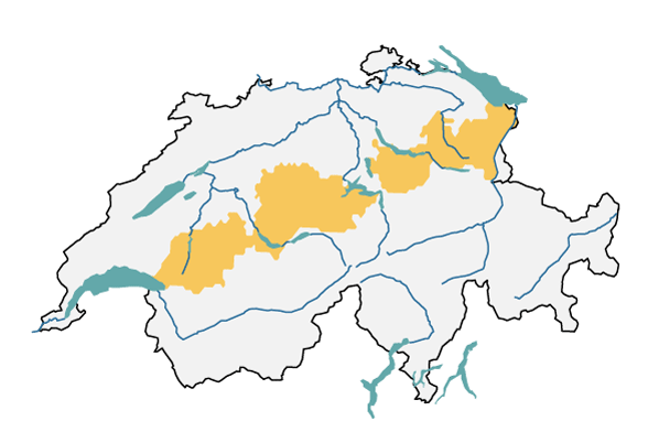 L’image est une carte de la Suisse sur laquelle est mise en évidence la grande région des Préalpes, qui comprend en partie les cantons de Vaud, de Fribourg, de Berne, de Lucerne, d’Obwald, de Nidwald, de Schwytz, de Saint-Gall, d’Appenzell Rhodes-Extérieures et Rhodes-Intérieures.