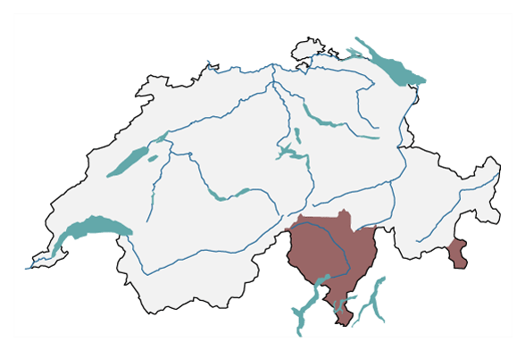 L’image est une carte de la Suisse sur laquelle est mise en évidence la grande région du Sud des Alpes, comprenant le canton du Tessin, ainsi que le Moesano et le val Poschiavo au Sud des Grisons.