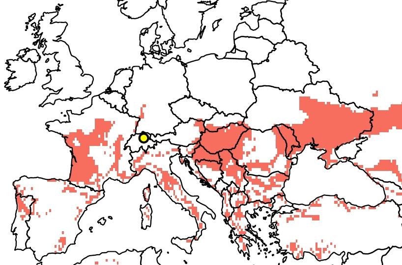 Le graphique montre une carte de l'Europe. Un point jaune au centre marque la position géographique de Wädenswil. Des taches rouges s'étendent sur la zone située au sud du cinquantième degré de latitude. Elles montrent là où il fait aussi chaud aujourd'hui d'avril à septembre qu’il fera à Wädenswil vers 2060. Il s'agit des régions du sud-ouest et du centre de la France, de l‘espace méditerranéen, des Balkans, de l'Europe du sud-est et de l'Ukraine.