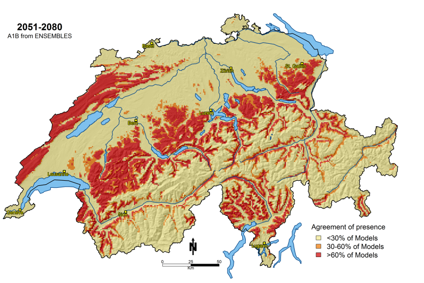 Verbreitungsgebiet der Buche in der Schweiz, erwartet bis 2080