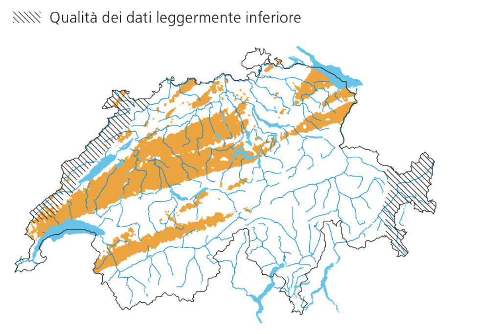 Superficie con grandine il 23 luglio 2009. Qualità dei dati leggermente inferiore lungo il Giura e nei Grigioni orientali.