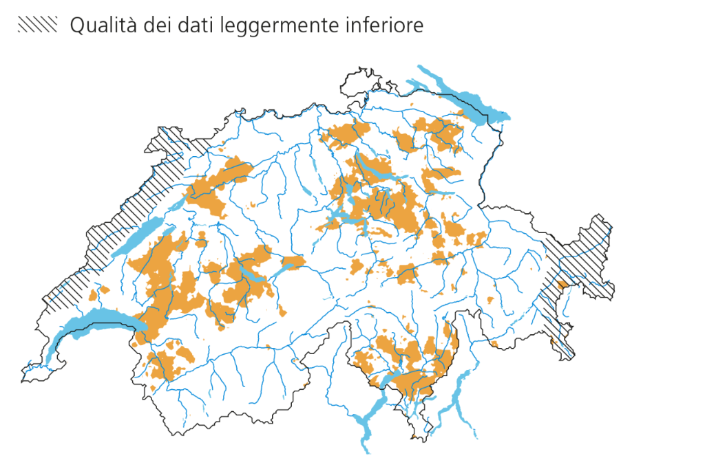 Superficie con grandine il 1° luglio 2019. Qualità dei dati leggermente inferiore lungo il Giura e nei Grigioni orientali.